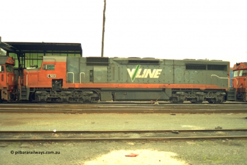 184-13
Albury loco depot fuel point, standard gauge V/Line C class loco C 503 Clyde Engineering EMD model GT26C serial 76-826, side view.
Keywords: C-class;C503;Clyde-Engineering-Rosewater-SA;EMD;GT26C;76-826;