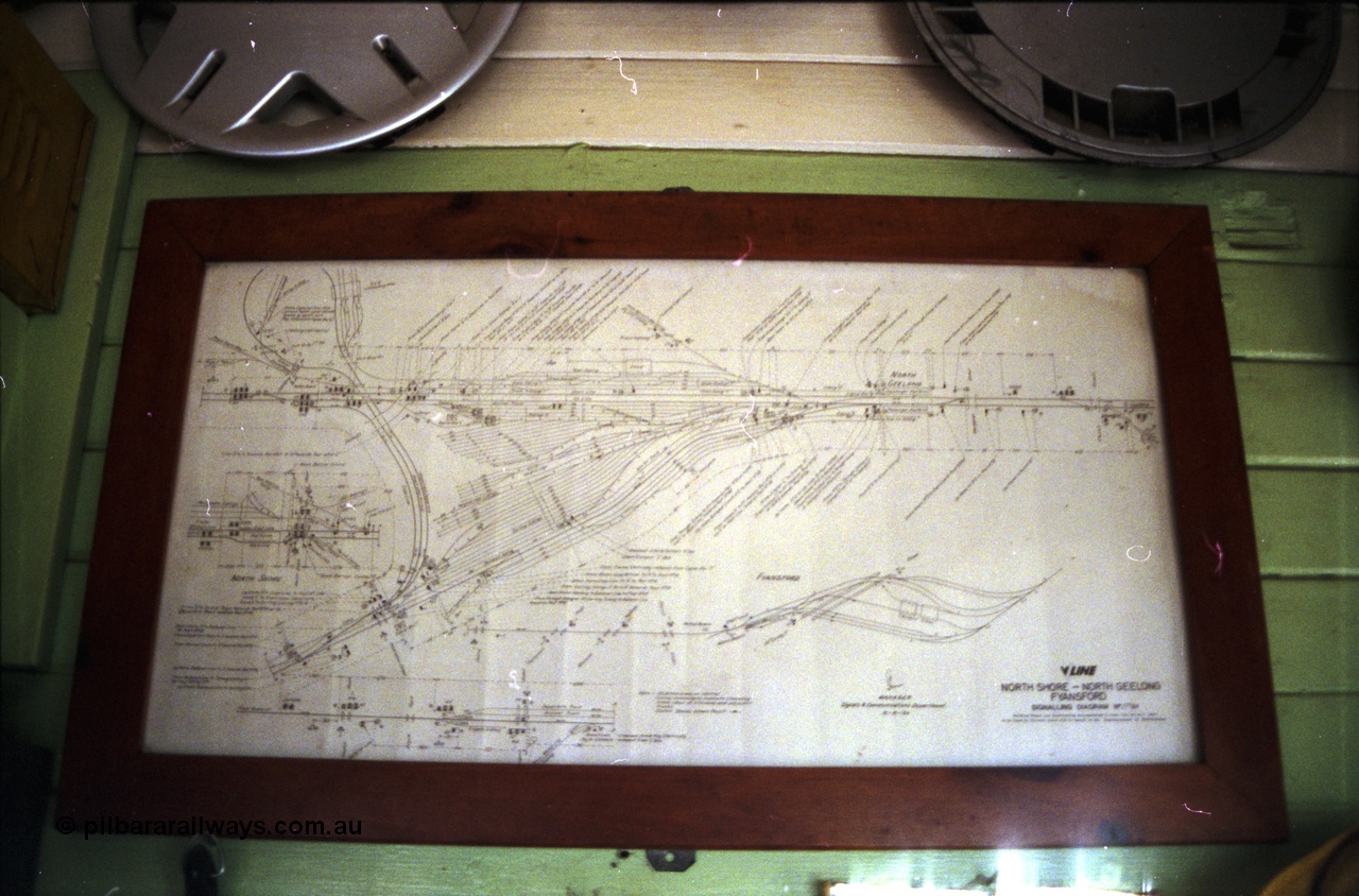 185-31
North Geelong C Signal Box, internal view of the North Shore - North Geelong - Fyansford Signalling Diagram from 1984.
