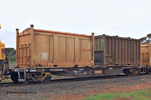 240401 4968
Kalgoorlie, Aurizon's 1029 Malcolm Freighter, waggon AQNY 32160, one of sixty two waggons built by Goninan WA in 1998 as the WQN type for Murrin Murrin container traffic, fitted with manual twist locks and loaded with a 20' Bis Deliver Every Day 25UA type container BICN 104900[0] and a 20' 25U0 type container BISU 100009[1]. 1st of April 2024.
Keywords: AQNY-type;AQNY32160;Goninan-WA;WQN-type;