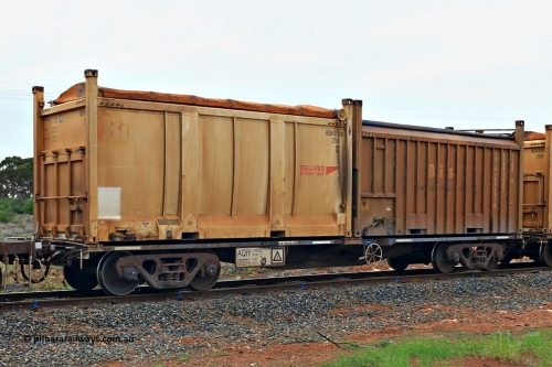 240401 4969
Kalgoorlie, Aurizon's 1029 Malcolm Freighter, waggon AQIY 00027 loaded with two 20' roll top containers, a 25UA type Bis Deliver Every Day BICN 107400[2] and a 55UA Bis Industries SBIU 200605[6]. The AQIY were originally built as the CQYY but CFCLA did not buy them, Bradken then stored them as KQYY. When Aurizon bought them they had the handbrake relocated to the middle of the waggon from the end. 1st of April 2024.
Keywords: AQIY-type;AQIY00027;Bradken;CQYY-type;KQYY-type;