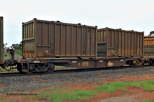 240401 4971
Kalgoorlie, Aurizon's 1029 Malcolm Freighter, waggon AQNY 32196, one of sixty two waggons built by Goninan WA in 1998 as the WQN type for Murrin Murrin container traffic loaded with two 20' hard top 25U0 type sulphur containers BISU 100033[7] and BISU 100074[7]. 1st of April 2024.
Keywords: AQNY-type;AQNY32196;Goninan-WA;WQN-type;