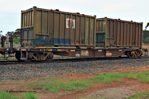 240401 4999
Kalgoorlie, Aurizon's 1029 Malcolm Freighter, waggon AQNY 32167, one of sixty two waggons built by Goninan WA in 1998 as the WQN type for Murrin Murrin container traffic loaded with two 20' 25U0 type hard top sulphur containers, Bis Industries BISU 100085[1] and BISU 100026[0]. 1st of April 2024.
Keywords: AQNY-type;AQNY32167;Goninan-WA;WQN-type;