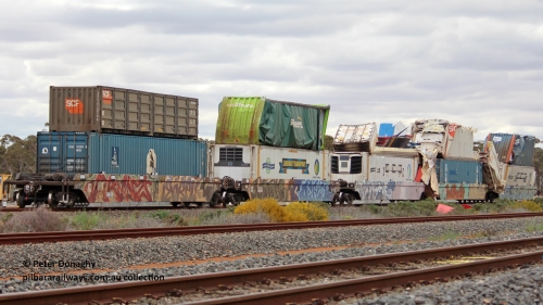 260901 7678
RRRY 7005 with damaged top boxes, was part of train Pacific National train 1MP5 which was backed up the Esperance line and struck Lefroy Bridge, August 31, 2026.
P1T SCFU 616010 [0] half height side door SCF, P1B RVTU 922090 [4] MFGB Royal Wolf: P2T SLCS 400128 [9] 4FSG curtain sider Sadliers, P2B LTCD 462409 RFRG Lindsay Transport reefer: P3T LTCD 462128	RFRG Lindsay Transport reefer, P3B LTCD 461804 RFRG Lindsay Transport reefer: P4T PCFU 819160 [4] SCF reefer, P4B RWTU 922055 [2] Royal Wolf: P5T RVTU 941287 [4] United Rentals - ex Royal Wolf, P5B LTCD 462039 RFRG Lindsay Transport reefer.
Keywords: Peter-D-Image;RRRY-type;RRRY7003;1PM5
