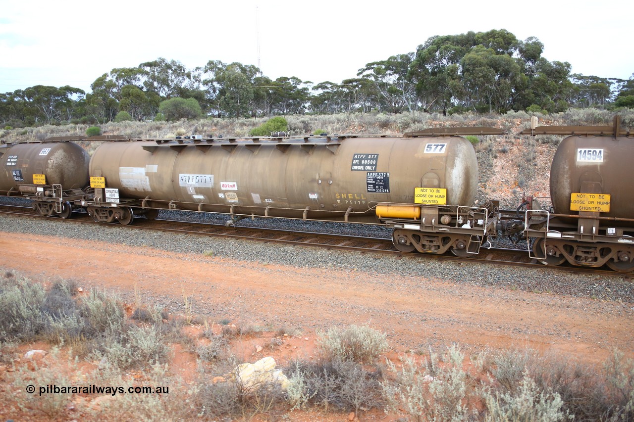 161116 5123
West Kalgoorlie, Shell fuel train 3442, ATPF 577 fuel tank waggon built by WAGR Midland Workshops 1974 for Shell as type WJP, 80.66 kL one compartment one dome, capacity of 80500 litres, fitted with type F InterLock couplers Shell Fleet no. TR712.
Keywords: ATPF-type;ATPF577;WAGR-Midland-WS;WJP-type;