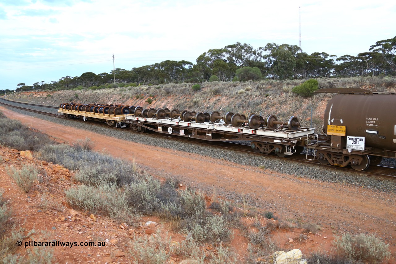 161116 5127
West Kalgoorlie, Shell fuel train 3442 is also used to convey waggon components between the Esperance workshops and Forrestfield, two wheel set waggons are on the rear, a purpose built unit and a standard 63' container flat.
Keywords: AQWY-type;AQWY30329;Tomlinson-Steel-WA;WFX-type;