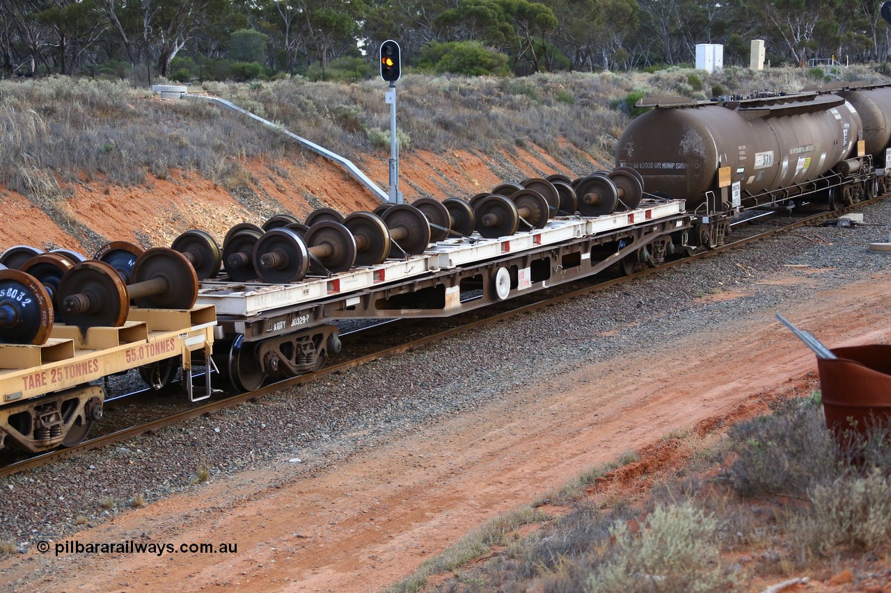 161116 5135
West Kalgoorlie, Shell fuel train 3442, container flat waggon AQWY 30329, built by Tomlinson Steel WA in a batch of 161 WFX type waggons between 1969 and 1970. Fitted with three 20' wheel set carrying frames.
Keywords: AQWY-type;AQWY30329;Tomlinson-Steel-WA;WFX-type;