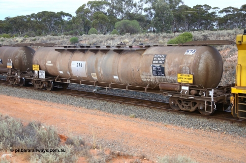 161116 5100
West Kalgoorlie, Shell fuel train 3442, ATPF 574 fuel tanker, one of nine built by WAGR Midland Workshops in 1974 for Shell as type WJP, 80.66 kL one compartment one dome, original code and fleet no. TR709 visible, with a capacity now of 80000 litres.
Keywords: ATPF-type;ATPF574;WAGR-Midland-WS;WJP-type;