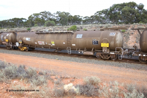 161116 5115
West Kalgoorlie, Shell fuel train 3442, ATMF 552 fuel tank waggon, one of three built by Tulloch Limited NSW as WJM type in 1971 with a capacity of 96.25 kL one compartment one dome, current capacity of 80500 litres. 551 and 552 for Shell and 553 for BP Oil, E type couplers fitted.
Keywords: ATMF-type;ATMF552;Tulloch-Ltd-NSW;WJM-type;