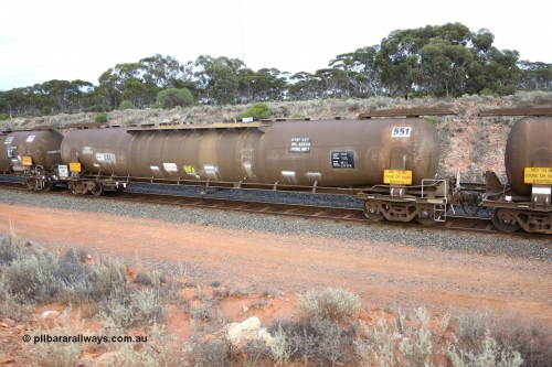 161116 5125
West Kalgoorlie, Shell fuel train 3442, ATMF 551 fuel tank waggon, one of three built by Tulloch Limited NSW as WJM type in 1971 with a capacity of 96,250 litres, one compartment one dome, current capacity of 80,500 litres. WJM's 551 and 552 built for Shell and 553 for BP Oil. Fitted with type F InterLock coupler handbrake end and E type at the non-handbrake end.
Keywords: ATMF-type;ATMF551;Tulloch-Ltd-NSW;WJM-type;