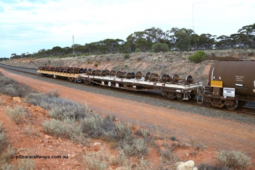161116 5127
West Kalgoorlie, Shell fuel train 3442 is also used to convey waggon components between the Esperance workshops and Forrestfield, two wheel set waggons are on the rear, a purpose built unit and a standard 63' container flat.
Keywords: AQWY-type;AQWY30329;Tomlinson-Steel-WA;WFX-type;
