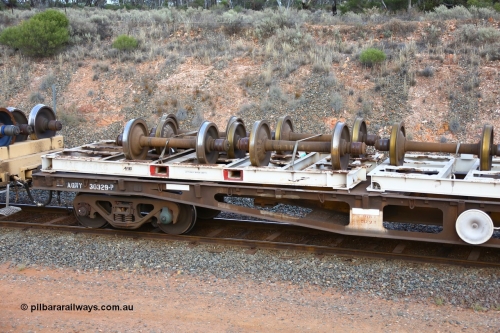 161116 5131
West Kalgoorlie, Shell fuel train 3442, container flat waggon AQWY 30329, built by Tomlinson Steel WA in a batch of 161 WFX type waggons between 1969 and 1970. Fitted with three 20' wheel set carrying frames.
Keywords: AQWY-type;AQWY30329;Tomlinson-Steel-WA;WFX-type;