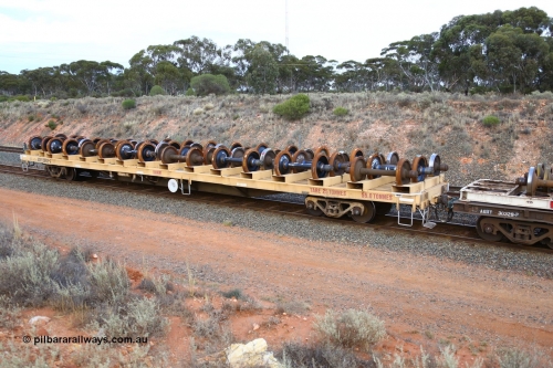 161116 5132
West Kalgoorlie, Shell fuel train 3442, departmental wheel set carrier waggon AZVY 2829, built by Transfield WA 1976 for Commonwealth Railways as one of two hundred GOX type open waggons. Recoded to AOOX, then in 1992 modified to AZVY.
Keywords: AZVY-type;AZVY2892;Transfield-WA;GOX-type;AOOX-type;AZVL-type;