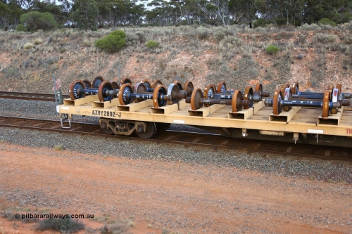 161116 5134
West Kalgoorlie, Shell fuel train 3442, departmental wheel set carrier waggon AZVY 2829, built by Transfield WA 1976 for Commonwealth Railways as one of two hundred GOX type open waggons. Recoded to AOOX, then in 1992 modified to AZVY.
Keywords: AZVY-type;AZVY2892;Transfield-WA;GOX-type;AOOX-type;AZVL-type;