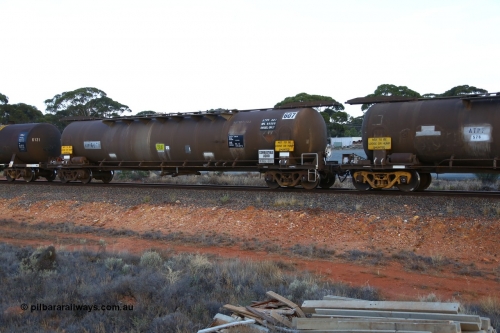 161116 5557
Binduli, empty Shell fuel train 4443, tank waggon ATPF 607, built by Westrail Midland Workshops 1982 for Shell as WJP type, 80.66 kL one compartment one dome, fitted with type F InterLock couplers.
Keywords: ATPF-type;ATPF607;Westrail-Midland-WS;WJP-type;