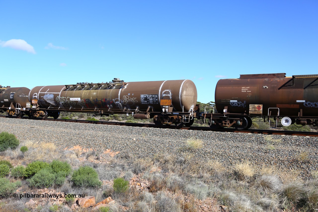 161111 2468
Binduli, Kalgoorlie Freighter train 5025, diesel fuel tank waggon ATMY 553, built by Tulloch Ltd NSW for BP Oil in 1971 as WJM type, capacity of 102000 litres, diesel capacity of 76000 litres, refurbished by Gemco WA in Oct 2015.
Keywords: ATMY-type;ATMY553;Tulloch-Ltd-NSW;WJM-type;