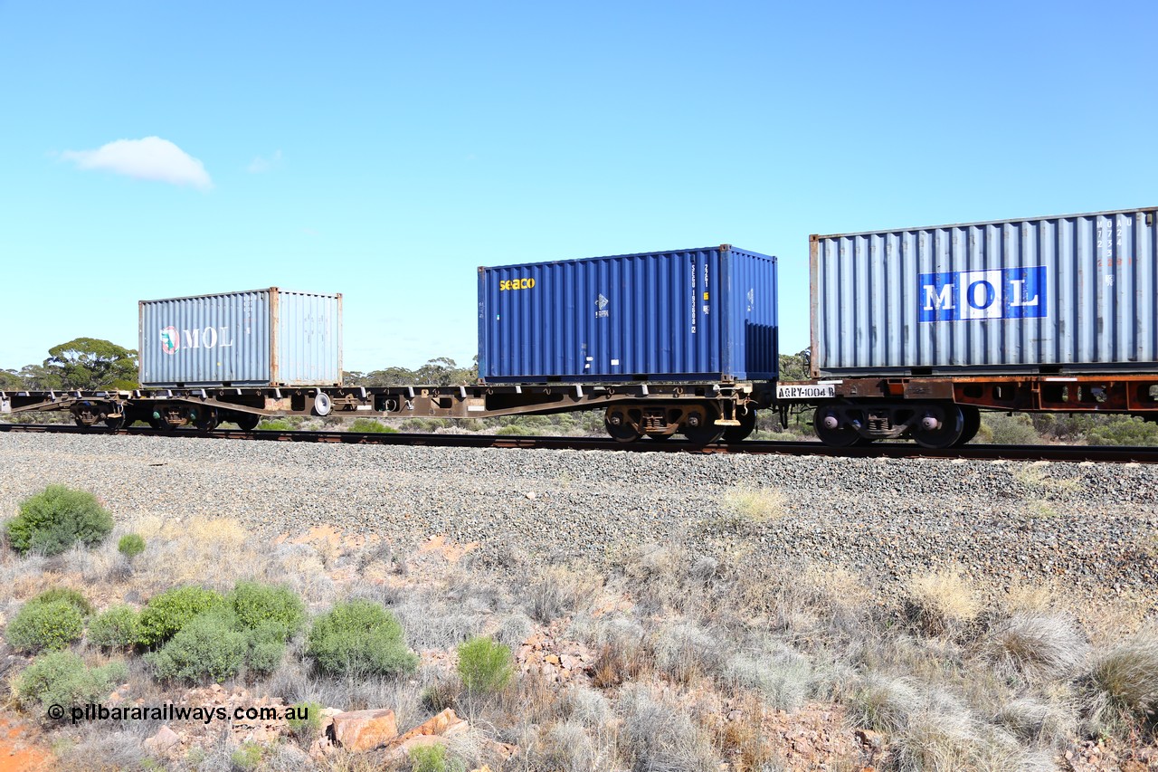 161111 2502
Binduli, Kalgoorlie Freighter train 5025, waggon AQWY 30244 was originally built at Midland Workshops as a WFX type container flat waggon in a batch of forty five in 1974, later recoded to WQCX. Loaded with two 20' 22G1 type boxes, Seaco SEGU 193608 and MOL MOAU 077639.
Keywords: AQWY-type;AQWY30244;WAGR-Midland-WS;WFX-type;