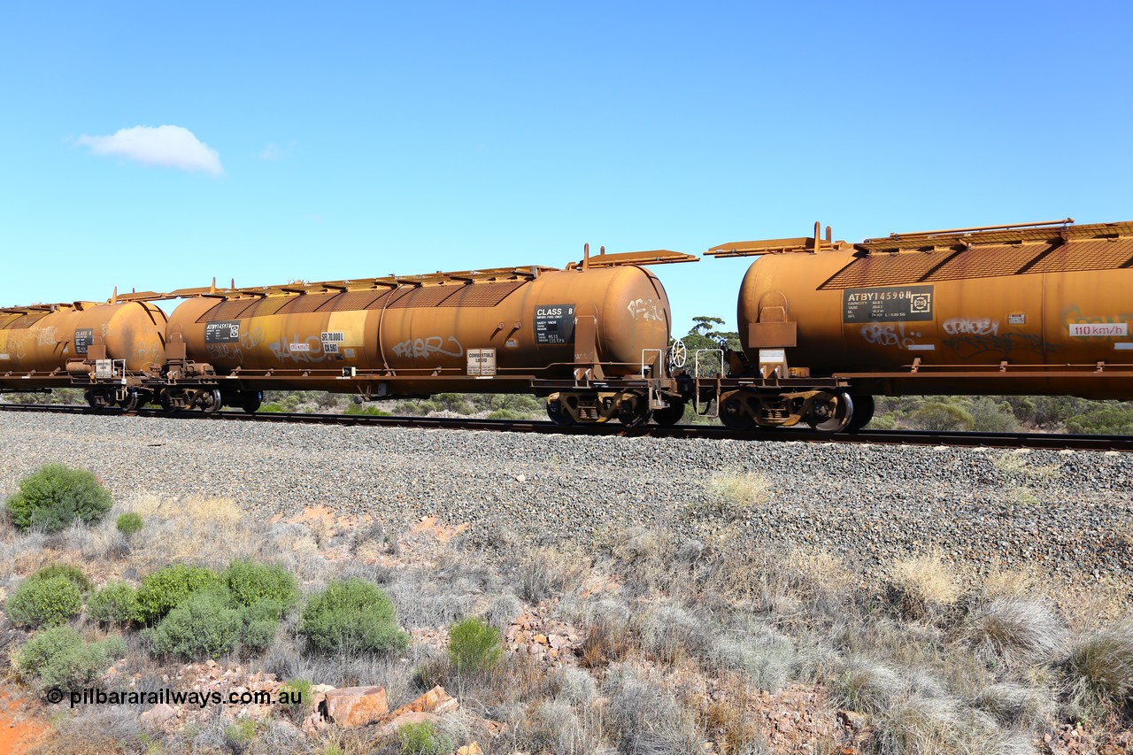 161111 2509
Binduli, Kalgoorlie Freighter train 5025, ATBY 14597 fuel tank waggon built by Westrail Midland Workshops in a batch of nine in 1981 for Bain Leasing Pty Ltd as type JPB, 82,000 litres but 14591 was issued to standard gauge as WJPB type, in 1986 it was converted to narrow gauge as JPBA type.
Keywords: ATBY-type;ATBY14597;Westrail-Midland-WS;WJPB-type;JPBA-type;