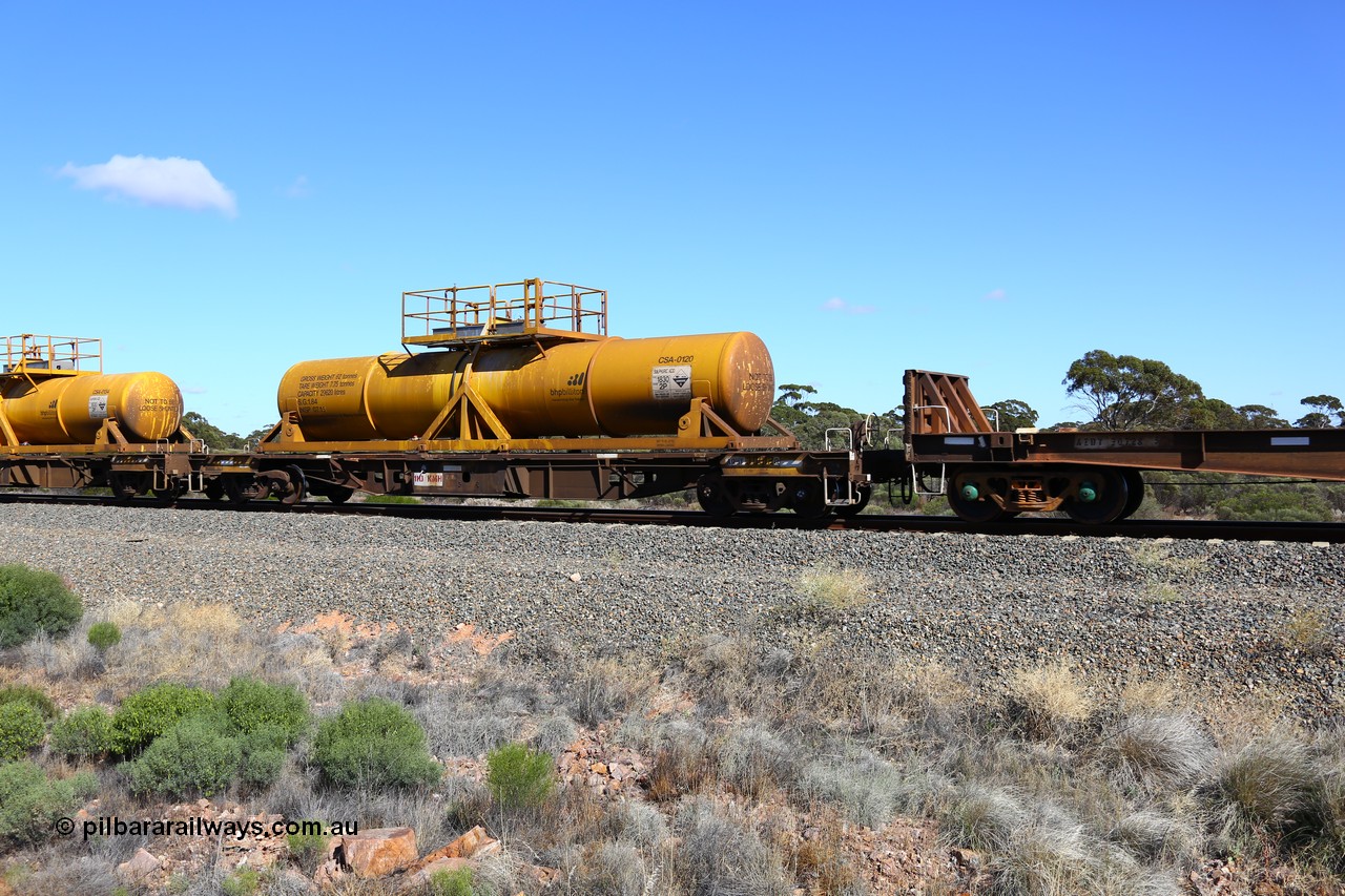 161111 2517
Binduli, Kalgoorlie Freighter train 5025, waggon AQHY 30012 with sulphuric acid tank CSA 0120, originally built by the WAGR Midland Workshops in 1964/66 as a WF type flat waggon, then in 1997, following several recodes and modifications, was one of seventy five waggons converted to the WQH type to carry CSA sulphuric acid tanks between Hampton/Kalgoorlie and Perth/Kwinana.
Keywords: AQHY-type;AQHY30012;WAGR-Midland-WS;WF-type;WMA-type;WFDY-type;WFDF-type;RFDF-type;WQH-type;