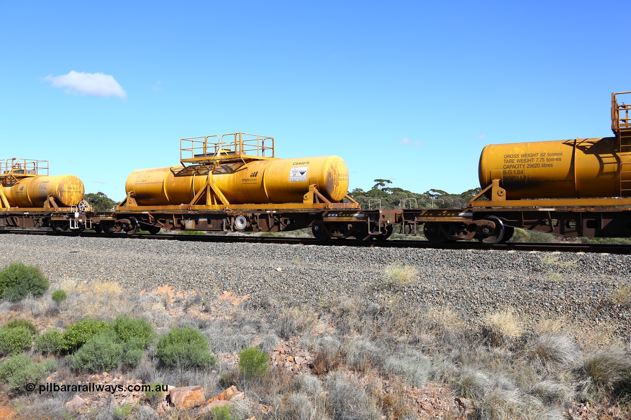 161111 2522
Binduli, Kalgoorlie Freighter train 5025, waggon AQHY 30076 with sulphuric acid tank CSA 0076 type leader of the new CSA tanks built by Acid Plant Management Services. AQHY 30076 was originally built by the WAGR Midland Workshops in 1964/66 as a WF type flat waggon, then in 1997, following several recodes and modifications, was one of seventy five waggons converted to the WQH type to carry CSA sulphuric acid tanks between Hampton/Kalgoorlie and Perth/Kwinana.
Keywords: AQHY-type;AQHY30076;WAGR-Midland-WS;WF-type;WFDY-type;WFDF-type;WQH-type;