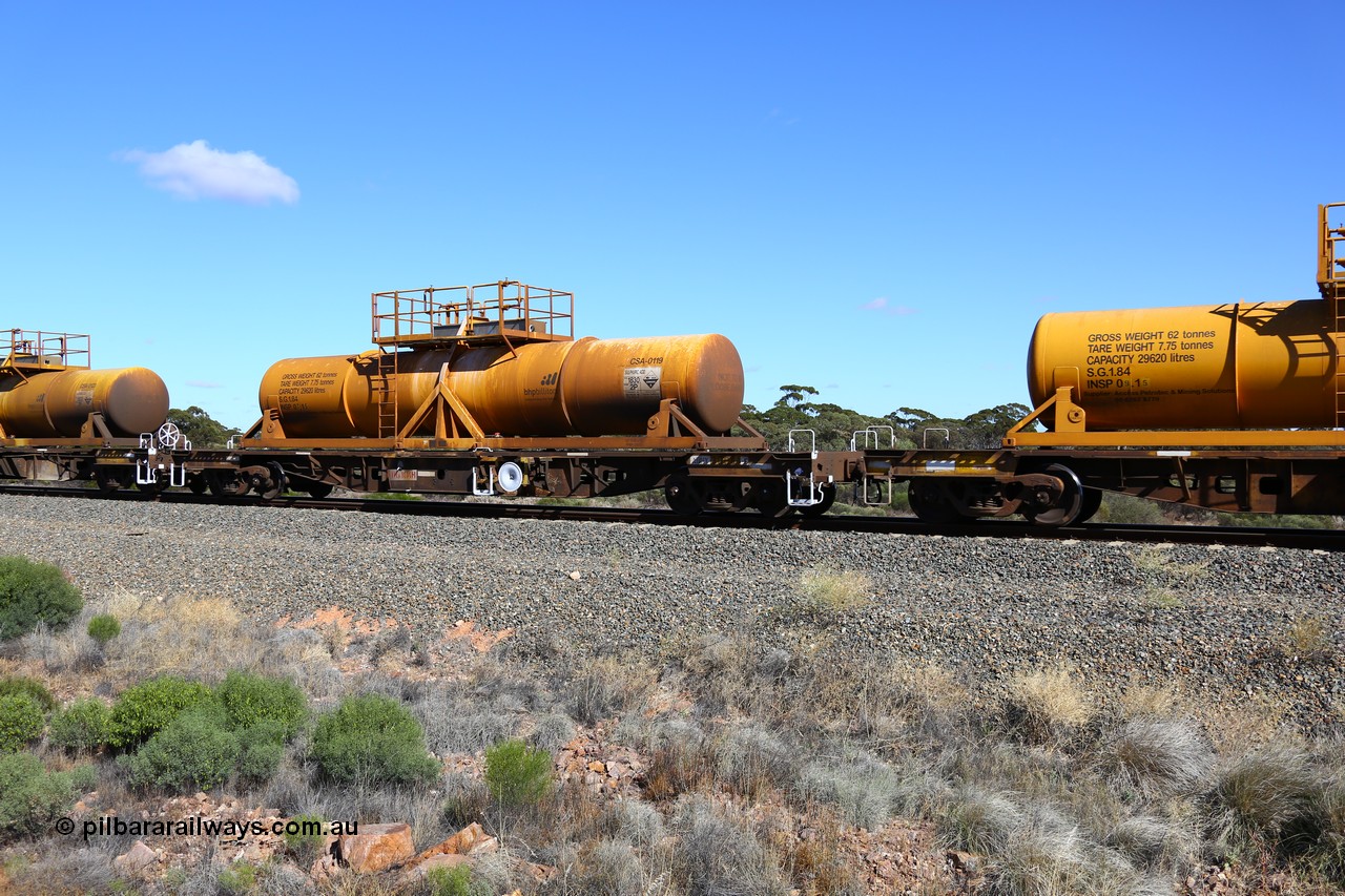 161111 2536
Binduli, Kalgoorlie Freighter train 5025, waggon AQHY 30064 with sulphuric acid tank CSA 0119, originally built by the WAGR Midland Workshops in 1964/66 as a WF type flat waggon, then in 1997, following several recodes and modifications, was one of seventy five waggons converted to the WQH type to carry CSA sulphuric acid tanks between Hampton/Kalgoorlie and Perth/Kwinana.
Keywords: AQHY-type;AQHY30064;WAGR-Midland-WS;WF-type;WFDY-type;WFDF-type;RFDF-type;WQH-type;