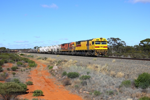 161111 2451
Binduli, Kalgoorlie Freighter train 5025 runs through the dip with Clyde Engineering EMD model GT64C Q class units Q 4013 serial 97-1466 renumbered from Q 313 and Q 4005 serial 97-1458 renumbered from Q 305.
Keywords: Q-class;Q4013;Clyde-Engineering-Forrestfield-WA;EMD;GT46C;97-1466;Q313;