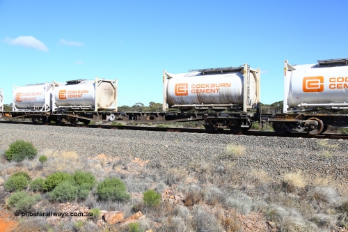 161111 2455
Binduli, Kalgoorlie Freighter train 5025, waggon AQWY 30226 loaded with two Cockburn Cement ITVU type 20' tanktainers IVTU 274014[0] and IVTU 274013[5]. Waggon was originally built at Midland Workshops as a WFX type in a batch of forty five in 1974, later recoded to WQCX.
Keywords: AQWY-type;AQWY30226;WAGR-Midland-WS;WFX-type;