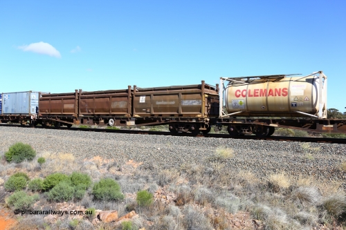 161111 2489
Binduli, Kalgoorlie Freighter train 5025, container flat waggon AQWY 31032, built by Centrecon Ltd WA in 1981 in a batch of thirty five WFA type container waggons, another eighteen were also built by Westrail, to WFAP in 1989, loaded here with three 20' Westrail roll top COR type containers COR 5874, COR 5548 and COR 5773.
Keywords: AQWY-type;AQWY31032;Centrecon-Ltd-WA;WFA-type;WFAP-type;