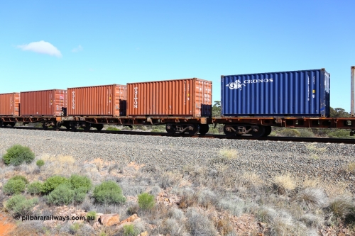 161111 2493
Binduli, Kalgoorlie Freighter train 5025, waggon AQRY 1000 platform B with two Triton 20' 22G1 type boxes TCKU 215130[5] and TRHU 197260[2]. The AQRY are a bar-coupled pair and were used for rail transport as the AFRF type on the Darwin line and are originally former ANR-CR waggons.
Keywords: AQRY-type;AQRY1000;AFRF-type;