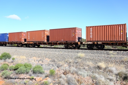 161111 2494
Binduli, Kalgoorlie Freighter train 5025, waggon AQRY 1011 platform A with two 20' 22G1 type boxes, a TAL TCLU 724006[4] and Triton TCKU 233940[0]. The AQRY are a bar-coupled pair and were used for rail transport as the AFRF type on the Darwin line and are originally former ANR-CR waggons.
Keywords: AQRY-type;AQRY1011;AFRF-type;