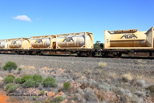 161111 2506
Binduli, Kalgoorlie Freighter train 5025, waggon AQNY 32170 one of sixty two waggons built by Goninan WA in 1998 as WQN type for Murrin Murrin container traffic, carrying two AGR 20' 22K2 type Eurotainer ISO tanks EURU 112063[3] and EURU 112071[5] containing sodium cyanide solution.
Keywords: AQNY-type;AQNY32170;Goninan-WA;WQN-type;