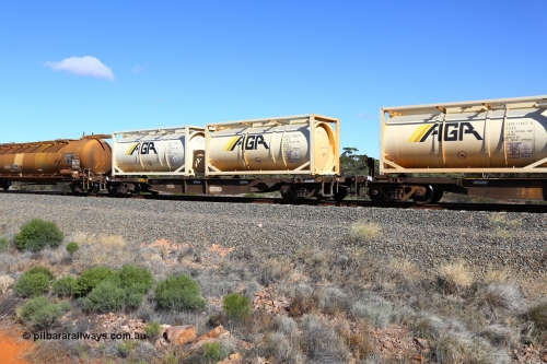 161111 2507
Binduli, Kalgoorlie Freighter train 5025, waggon AQNY 32186 one of sixty two waggons built by Goninan WA in 1998 as WQN type for Murrin Murrin container traffic, carrying two AGR 20' 22K2 type Eurotainer ISO tanks EURU 112062[8] and EURU 112056[7] containing sodium cyanide solution.
Keywords: AQNY-type;AQNY32186;Goninan-WA;WQN-type;