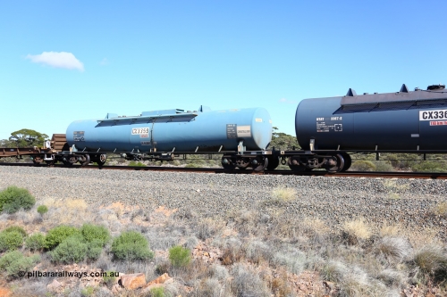 161111 2515
Binduli, Kalgoorlie Freighter train 5025, NTAY type fuel tank waggon NTAY 3359 with 65,000 litre capacity for Caltex. Refurbished by Gemco WA in Nov 2013 from a Caltex NTAF type tank waggon NTAF 359 originally built by Comeng NSW in 1975 as a CTX type CTX 359.
Keywords: NTAY-type;NTAY3359;Comeng-NSW;CTX-type;CTX359;NTAF-type;