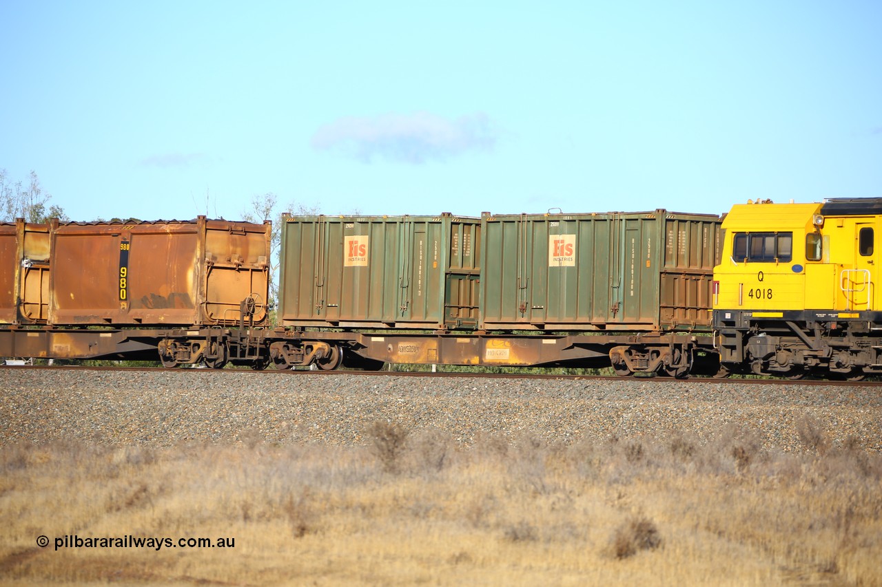 161111 2397
Kalgoorlie, Malcolm freighter train 5029, waggon AQNY 32159 one of sixty two waggons built by Goninan WA in 1998 as WQN type for Murrin Murrin container traffic with two Bis Industries 25U0 type sulphur containers BISU 100100 and BISU 100107.
Keywords: AQNY-type;AQNY32159;Goninan-WA;WQN-type;