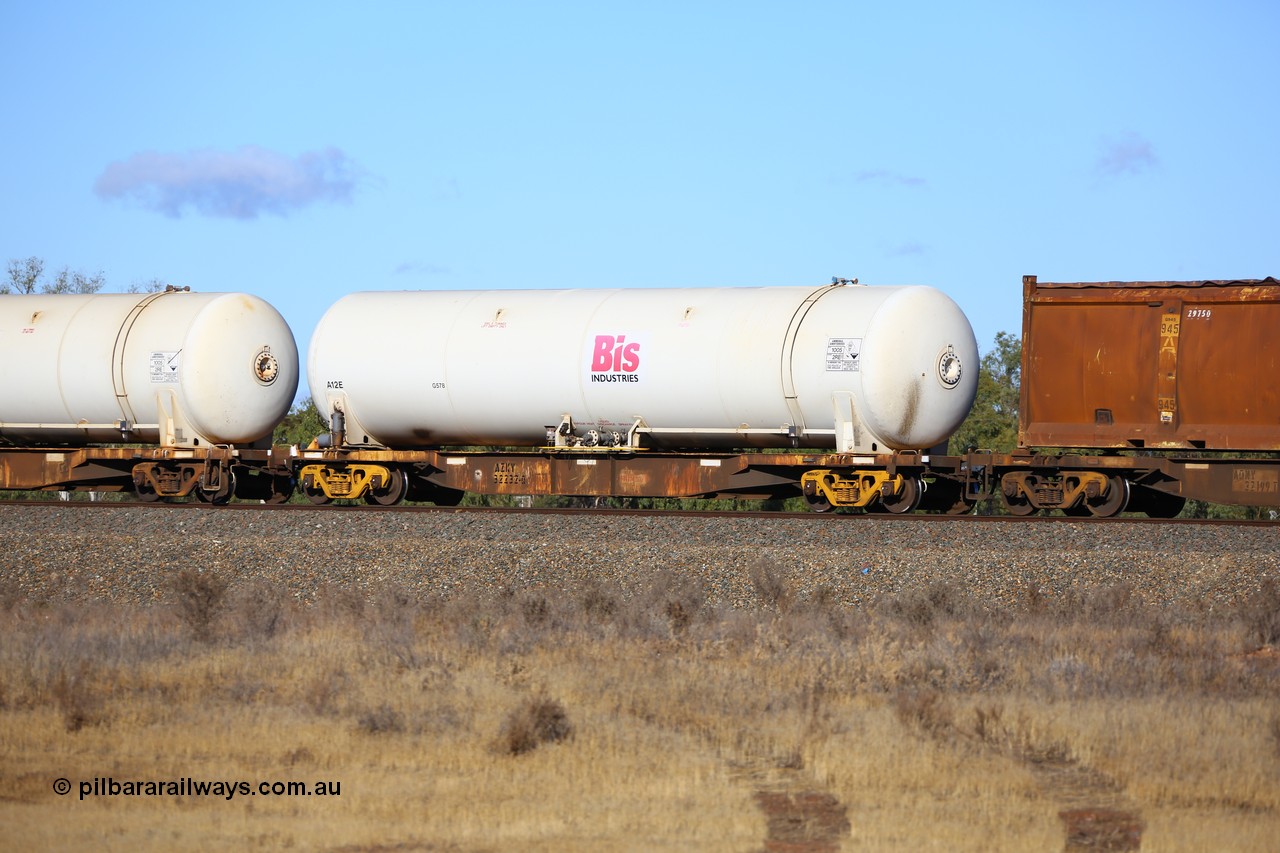 161111 2399
Kalgoorlie, Malcolm freighter train 5029, AZKY type anhydrous ammonia tank waggon AZKY 32232, one of twelve built by Goninan WA in 1998 as type WQK for Murrin Murrin traffic fitted with Bis INDUSTRIES anhydrous ammonia tank A12E.
Keywords: AZKY-type;AZKY32232;Goninan-WA;WQK-type;