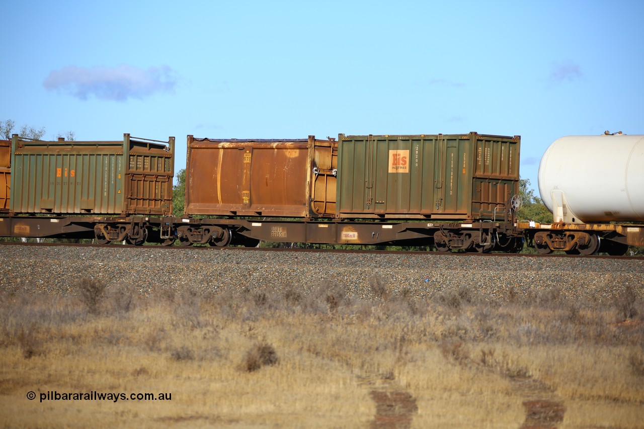 161111 2402
Kalgoorlie, Malcolm freighter train 5029, waggon AQNY 32155 one of sixty two waggons built by Goninan WA in 1998 as WQN type for Murrin Murrin container traffic with a Bis Industries 25U0 type sulphur container BISU 100087 and original style sulphur container S163J 978 with original style door and sliding tarpaulin.
Keywords: AQNY-type;AQNY32155;Goninan-WA;WQN-type;