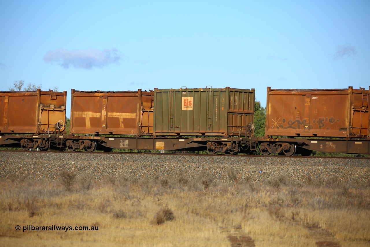 161111 2407
Kalgoorlie, Malcolm freighter train 5029, waggon AQNY 32173 one of sixty two waggons built by Goninan WA in 1998 as WQN type for Murrin Murrin container traffic with a Bis Industries hard-top 25U0 type sulphur container BISU 100110 and original style sulphur container S159J G998 with original style door and sliding tarpaulin.
Keywords: AQNY-type;AQNY32173;Goninan-WA;WQN-type;
