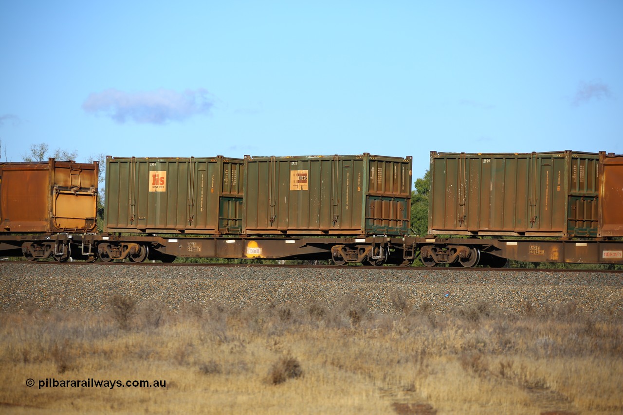 161111 2409
Kalgoorlie, Malcolm freighter train 5029, waggon AQNY 32188 one of sixty two waggons built by Goninan WA in 1998 as WQN type for Murrin Murrin container traffic with a Bis Industrial Logistics hard-top 25U0 type sulphur container BISU 100004 and a Bis Industries hard-top 25U0 type sulphur container 100084.
Keywords: AQNY-type;AQNY32188;Goninan-WA;WQN-type;