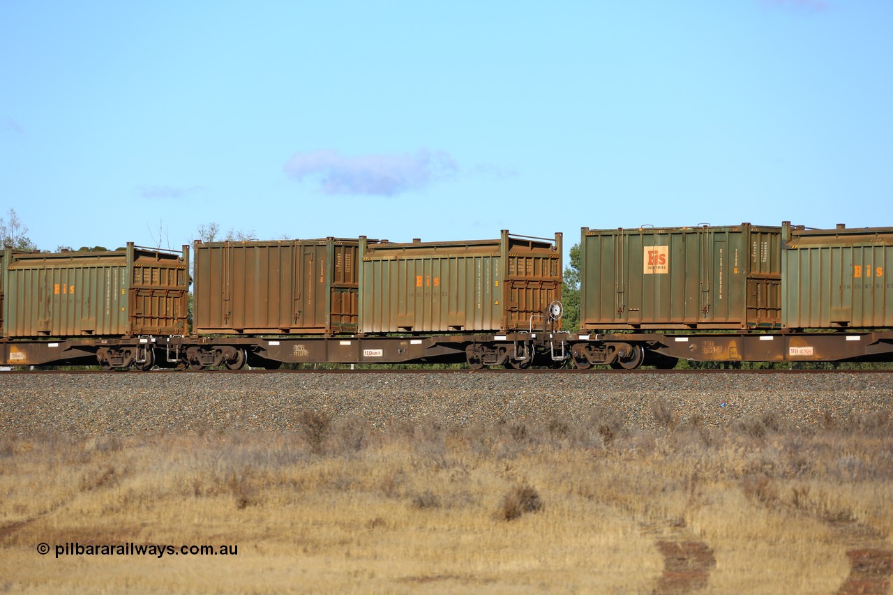 161111 2426
Kalgoorlie, Malcolm freighter train 5029, waggon AQNY 32177 one of sixty two waggons built by Goninan WA in 1998 as WQN type for Murrin Murrin container traffic with a Bis Industries roll-top 55UA type sulphur container SBIU 200622 and an undecorated Bis Industries hard-top 25U0 type sulphur container BISU 100072.
Keywords: AQNY-type;AQNY32177;Goninan-WA;WQN-type;