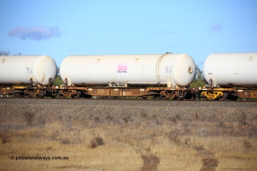 161111 2400
Kalgoorlie, Malcolm freighter train 5029, AZKY type anhydrous ammonia tank waggon AZKY 32237 one of twelve built by Goninan WA in 1998 as type WQK for Murrin Murrin traffic fitted with Bis INDUSTRIES anhydrous ammonia tank A5A.
Keywords: AZKY-type;AZKY32237;Goninan-WA;WQK-type;