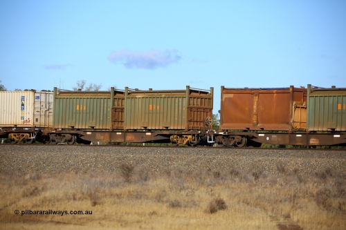 161111 2415
Kalgoorlie, Malcolm freighter train 5029, waggon AQNY 32202 one of sixty two waggons built by Goninan WA in 1998 as WQN type for Murrin Murrin container traffic with a pair of Bis Industries 55UA type roll-top sulphur containers SBIU 200635 and SBIU 200629.
Keywords: AQNY-type;AQNY32202;Goninan-WA;WQN-type;