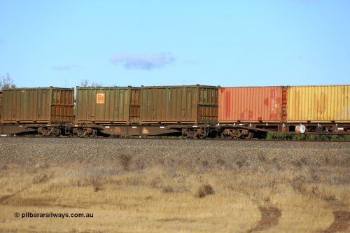 161111 2417
Kalgoorlie, Malcolm freighter train 5029, waggon AQNY 32185 one of sixty two waggons built by Goninan WA in 1998 as WQN type for Murrin Murrin container traffic with two Bis Industries hard-top 25U0 type sulphur containers, undecorated BISU 100017 and decaled BISU 100094.
Keywords: AQNY-type;AQNY32185;Goninan-WA;WQN-type;