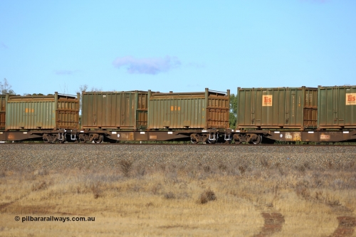 161111 2423
Kalgoorlie, Malcolm freighter train 5029, waggon AQNY 32207 one of sixty two waggons built by Goninan WA in 1998 as WQN type for Murrin Murrin container traffic with a Bis Industries roll-top 55UA type sulphur container SBIU 200625 and an undecorated Bis Industries hard-top 25U0 type sulphur container BISU 100047.
Keywords: AQNY-type;AQNY32207;Goninan-WA;WQN-type;