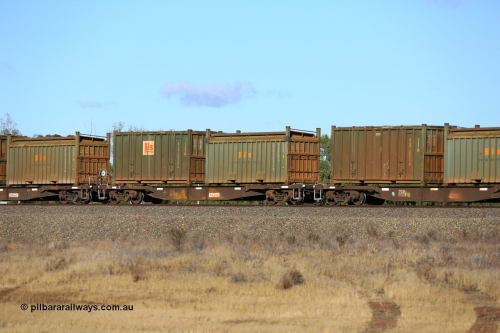 161111 2425
Kalgoorlie, Malcolm freighter train 5029, waggon AQNY 32166 one of sixty two waggons built by Goninan WA in 1998 as WQN type for Murrin Murrin container traffic with a Bis Industries roll-top 55UA type sulphur container SBIU 200623 and a Bis Industries hard-top 25U0 type sulphur container BISU 100095.
Keywords: AQNY-type;AQNY32166;Goninan-WA;WQN-type;