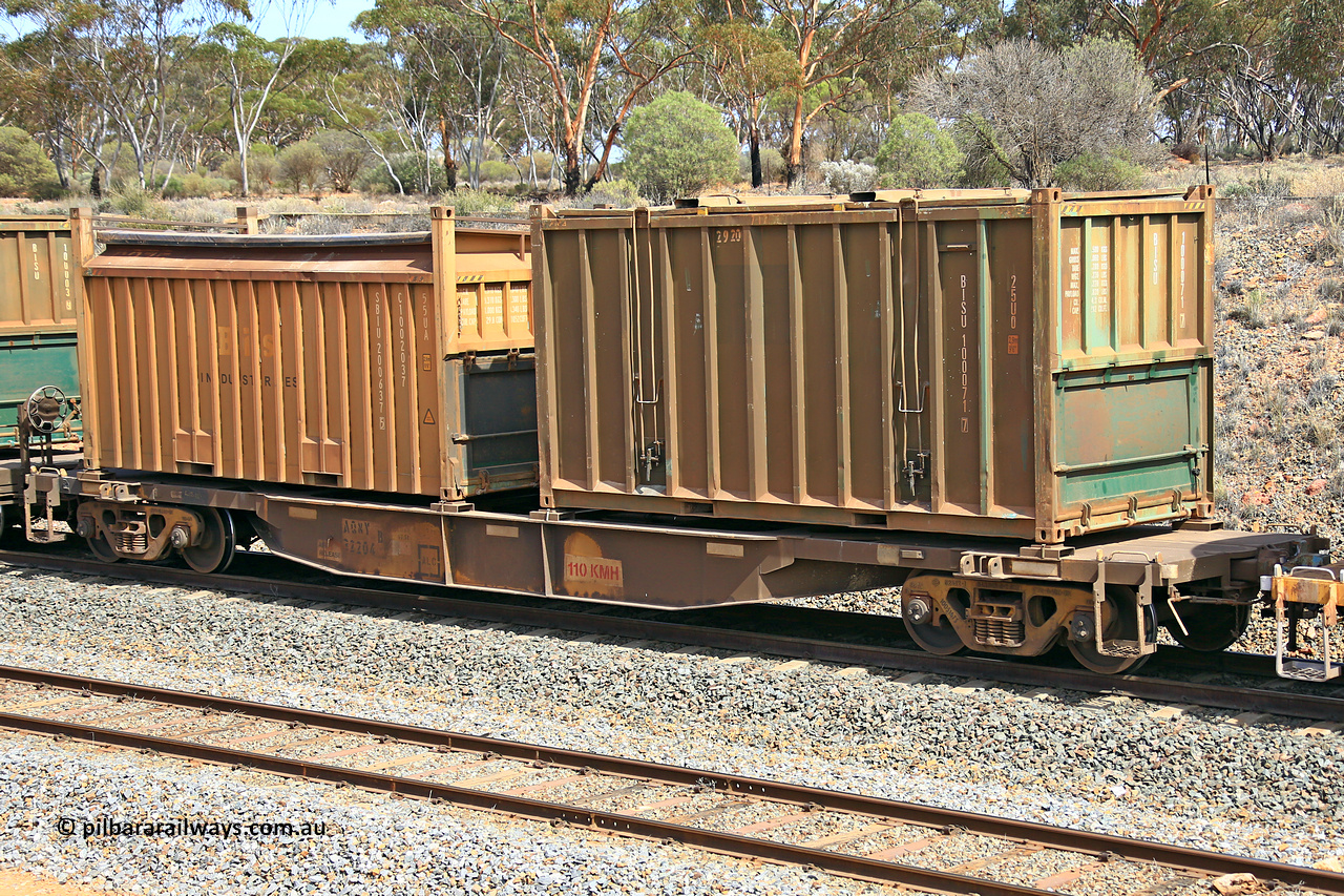 231020 8269
Binduli, 5029 Malcolm Freighter, AQNY type container waggon AQNY 32204 one of sixty two waggons built by Goninan WA in 1998 as WQN type for Murrin Murrin container traffic with an undecorated Bis Industries hard-top 25U0 type sulphur containers BISU 100071 and a Bis Industries 55UA roll-top sulphur container SIBU 200637.
Keywords: AQNY-type;AQNY32204;Goninan-WA;WQN-type;