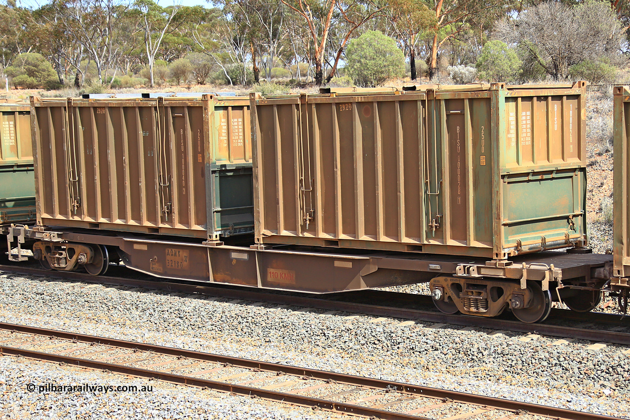 231020 8276
Binduli, 5029 Malcolm Freighter, AQNY type container waggon AQNY 32180 one of sixty two waggons built by Goninan WA in 1998 as WQN type for Murrin Murrin container traffic with two undecorated Bis Industries hard-top 25U0 type sulphur containers BISU 100028 and BISU 100040.
Keywords: AQNY-type;AQNY32180;Goninan-WA;WQN-type;