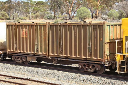 231020 8262
Binduli, 5029 Malcolm Freighter, AQIY type 40' container waggon AQIY 00005 with two Bis Industries hard-top 25U0 type sulphur containers BISU 100011 and BISU 100113. The AQIY were originally built as the CQYY but CFCLA did not buy them, Bradken then stored them as KQYY. When Aurizon bought them they had the handbrake relocated to the middle of the waggon from the end.
Keywords: AQIY-type;AQIY00005;Bradken;CQYY-type;KQYY-type;