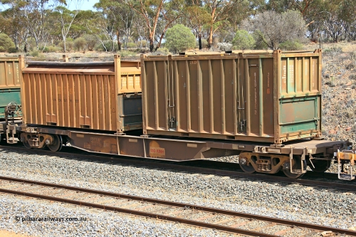 231020 8269
Binduli, 5029 Malcolm Freighter, AQNY type container waggon AQNY 32204 one of sixty two waggons built by Goninan WA in 1998 as WQN type for Murrin Murrin container traffic with an undecorated Bis Industries hard-top 25U0 type sulphur containers BISU 100071 and a Bis Industries 55UA roll-top sulphur container SIBU 200637.
Keywords: AQNY-type;AQNY32204;Goninan-WA;WQN-type;