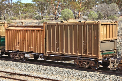 231020 8271
Binduli, 5029 Malcolm Freighter, AQIY type 40' container waggon AQIY 00015 with an undecorated Bis Industries hard-top 25U0 type sulphur containers BISU 100074 and a Bis Industries 55UA roll-top sulphur container SIBU 200632. The AQIY were originally built as the CQYY but CFCLA did not buy them, Bradken then stored them as KQYY. When Aurizon bought them they had the handbrake relocated to the middle of the waggon from the end.
Keywords: AQIY-type;AQIY00015;Bradken;CQYY-type;KQYY-type;