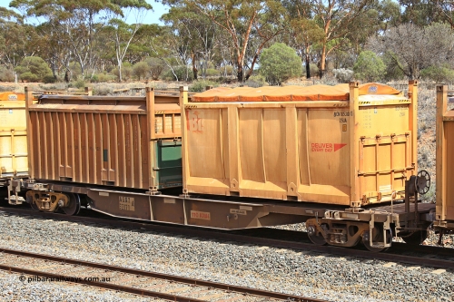 231020 8273
Binduli, 5029 Malcolm Freighter, AQNY type container waggon AQNY 32171 one of sixty two waggons built by Goninan WA in 1998 as WQN type for Murrin Murrin container traffic with a Bis Deliver Every Day 25UA type roll-top sulphur container BICN 105300 and a Bis Industries 55UA roll-top sulphur container SIBU 200636.
Keywords: AQNY-type;AQNY32171;Goninan-WA;WQN-type;