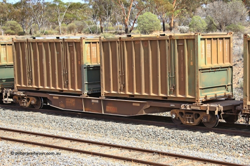 231020 8276
Binduli, 5029 Malcolm Freighter, AQNY type container waggon AQNY 32180 one of sixty two waggons built by Goninan WA in 1998 as WQN type for Murrin Murrin container traffic with two undecorated Bis Industries hard-top 25U0 type sulphur containers BISU 100028 and BISU 100040.
Keywords: AQNY-type;AQNY32180;Goninan-WA;WQN-type;